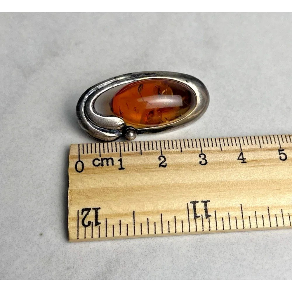 Vintage Genuine Amber Sterling Silver 925 Oval Brooch Pin Classic Estate Jewelry